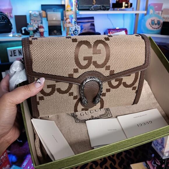 New in box Gucci Monogram Jumbo GG Textured Dollar Calfskin Dionysus Chain Walle - Picture 1 of 13